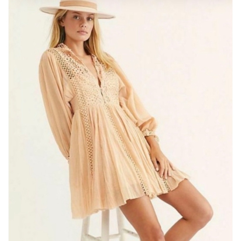Free People One Karma Peach Crochet long sleeve mini dress